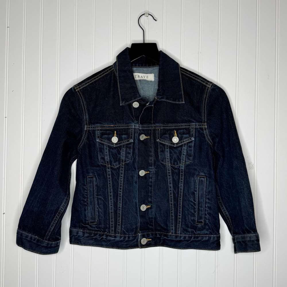 TRAVE Denim Dark Wash Zoey Cropped 3/4 Sleeve Denim Trucker Jacket Size XS